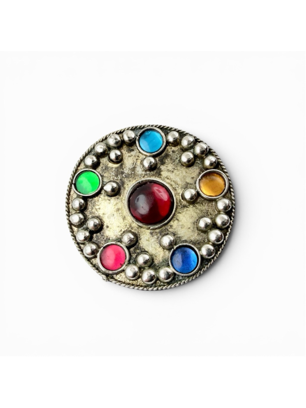 Vintage Boho Shield Brooch Multicolor Glass Cabochon Silver Tone Disc Pin